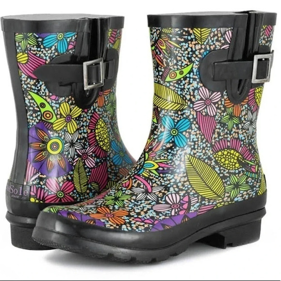 SheSole Floral Tall Rubber Rain Boots Size 7 New - Picture 1 of 8